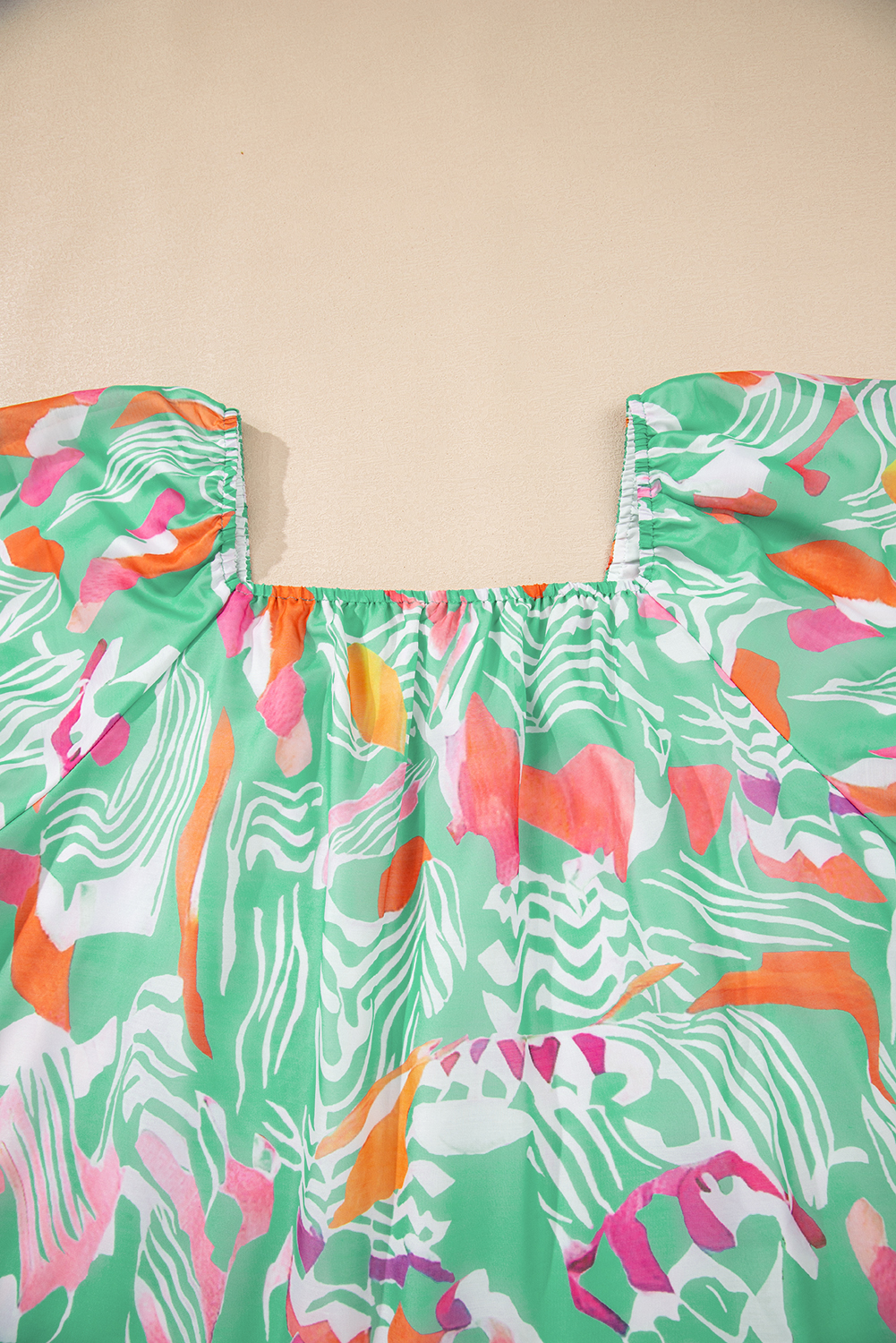 Green Tropical Boho Print Puff Sleeve Square Neck Loose Plus Blouse