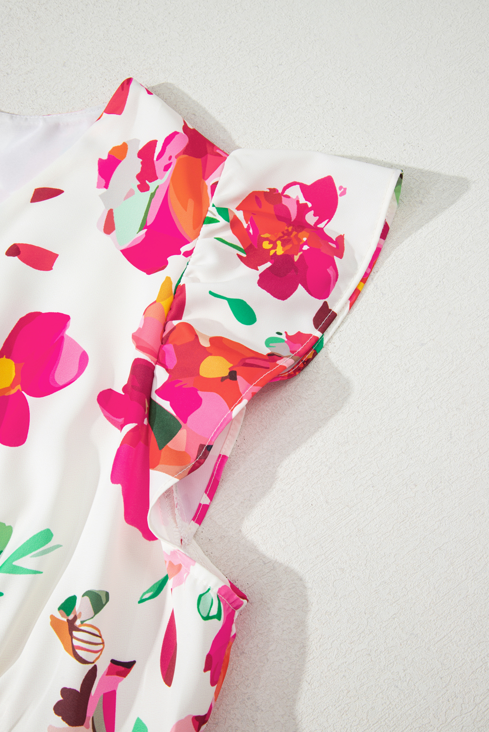 Plus Size Pink Floral Print V Neck Ruffle Sleeve  Midi Dress