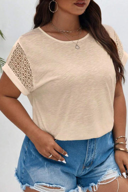 Plus Size Parchment Lace Patchwork Short Sleeve Round Neck  Summer Top