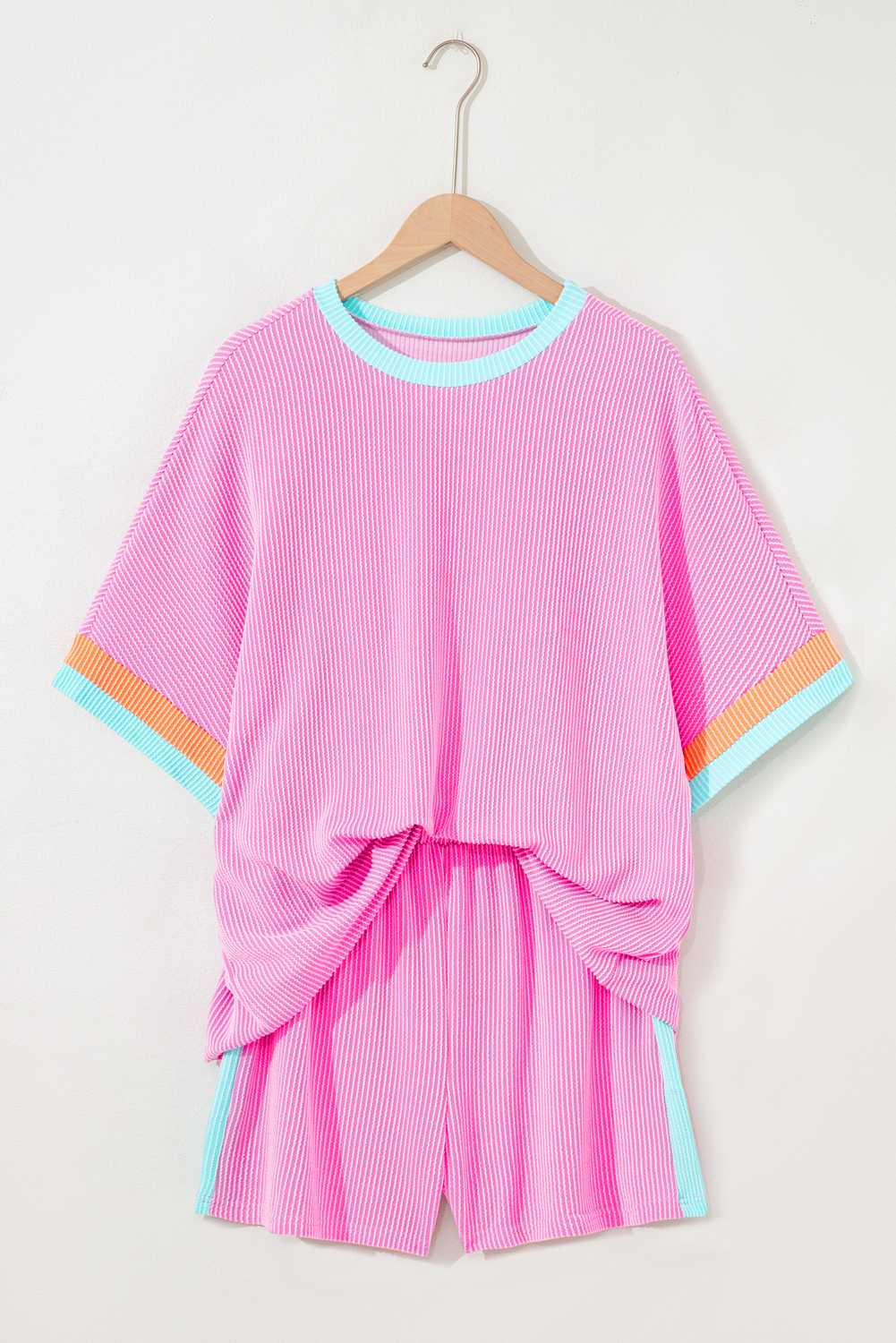 Plus Size Bonbon  Color Block Corded Knit Tee and Shorts Set