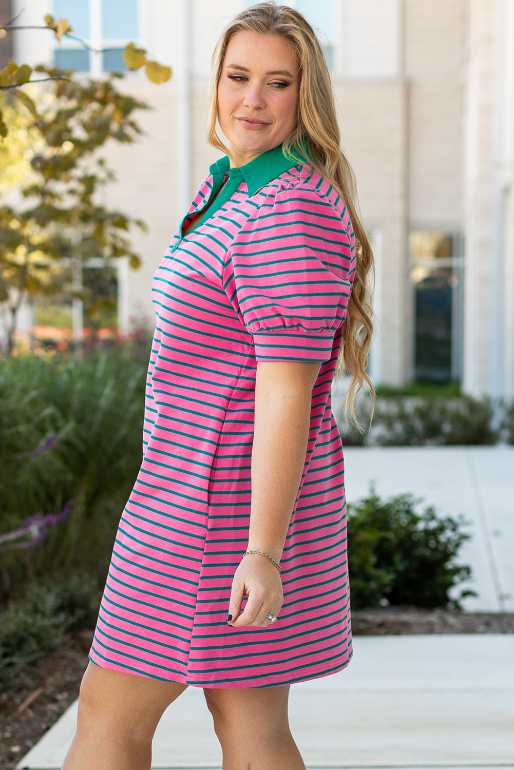 Rose Stripe Collared V Neck Puff Sleeve Shift T Shirt Dress with Pockets