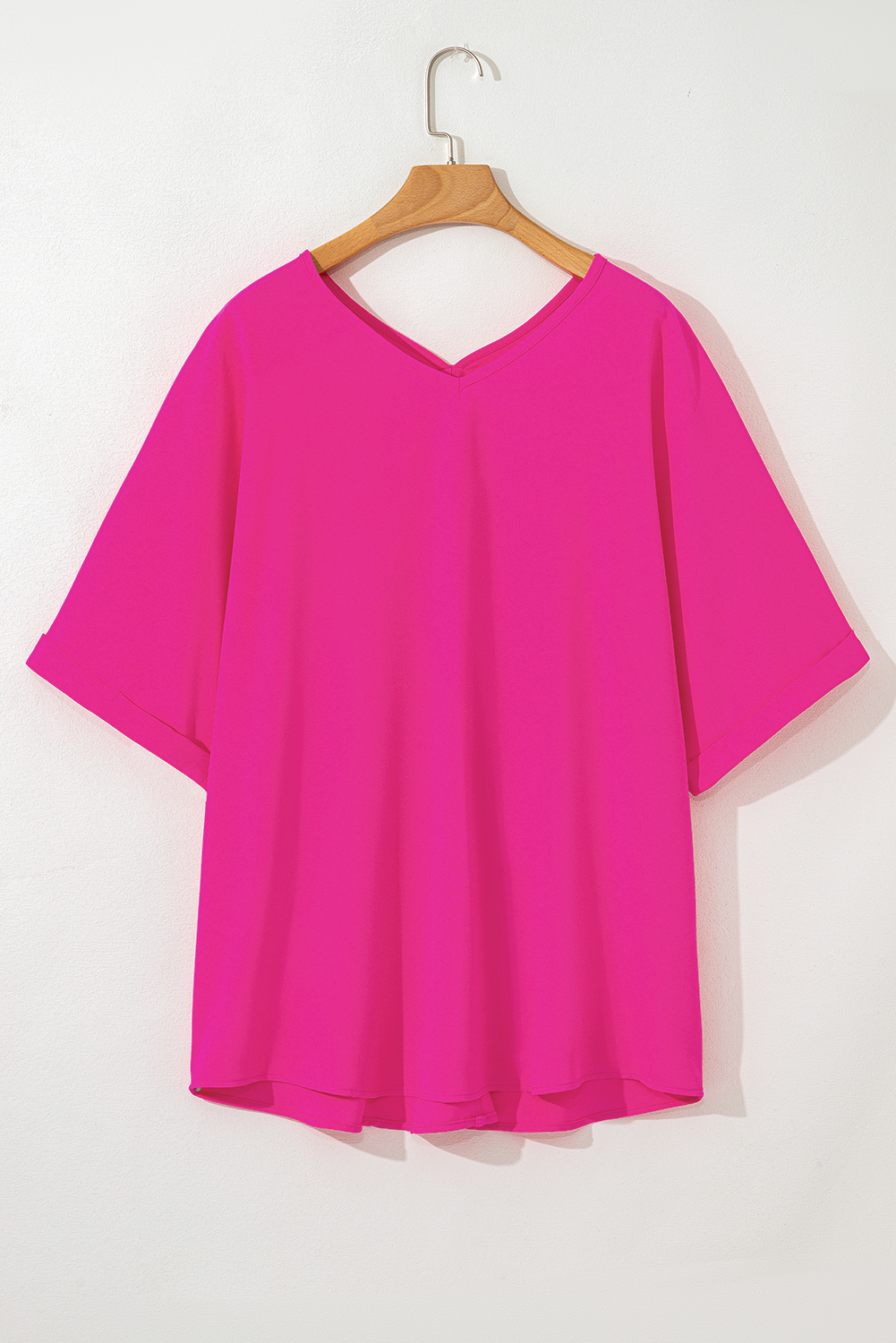Plus Size Bright Pink Seamed Back High Low Hem V Neck Cuffed Sleeve  Tee