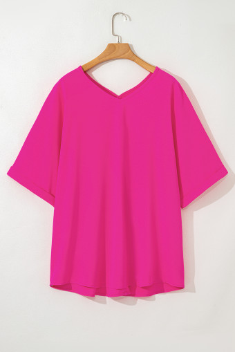 Plus Size Bright Pink Seamed Back High Low Hem V Neck Cuffed Sleeve  Tee