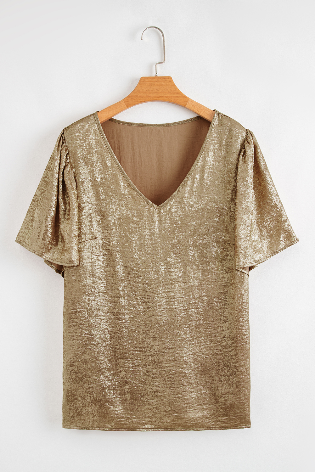 Plus Size Gold  Metallic V Neck Short Sleeve Blouse