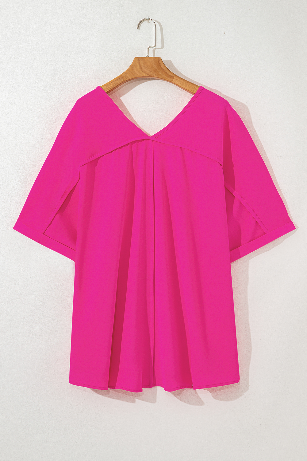Plus Size Bright Pink Seamed Back High Low Hem V Neck Cuffed Sleeve  Tee