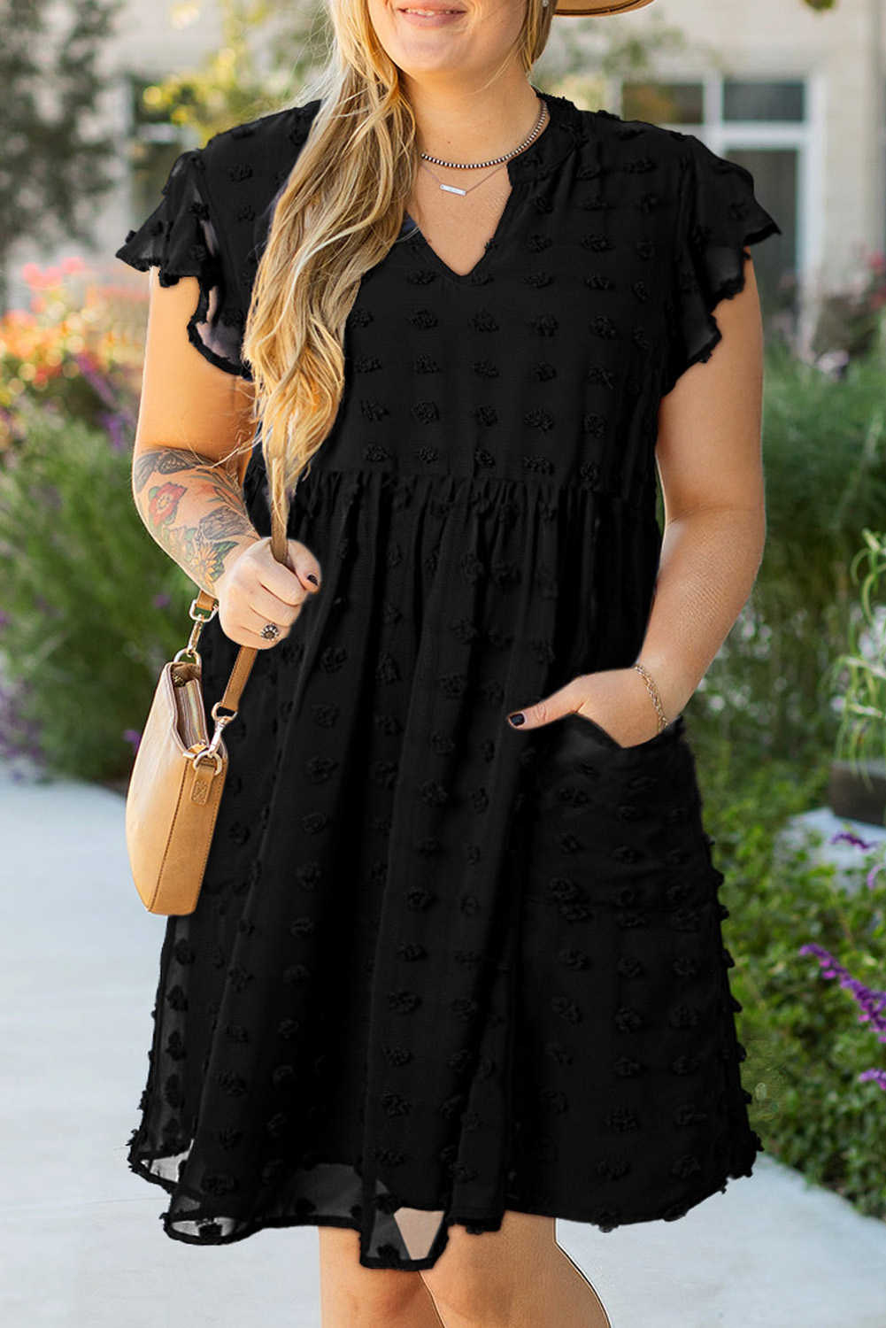 Black Dotty Textured Notched Neck Plus Ruffled Dress