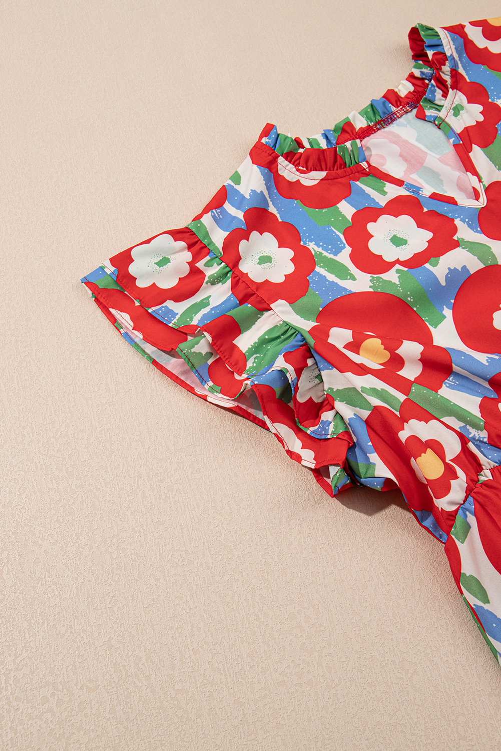 Plus Size Red  Floral Print Ruffle Trim Split Neck Peplum Top