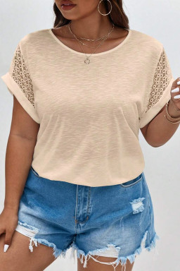 Plus Size Parchment Lace Patchwork Short Sleeve Round Neck  Summer Top