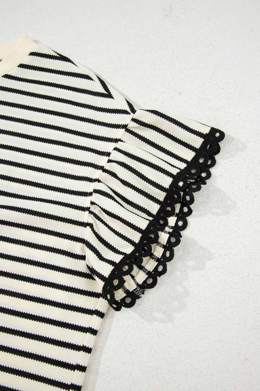 Plus Size Black Stripe Eyelet Trimmed Ruffled Short Sleeve  Top