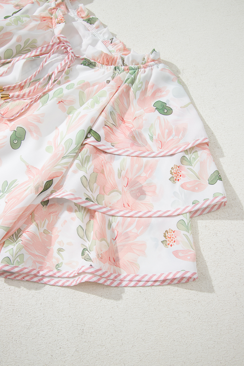 Plus Size Pink  Floral Print Striped Detail Short Summer Dress