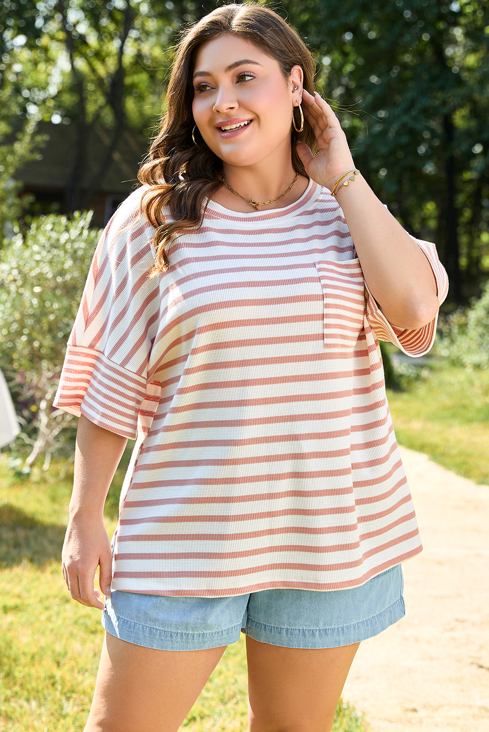Plus Size Pink Stripe Waffle Knit Pocketed Half Sleeve  T Shirt