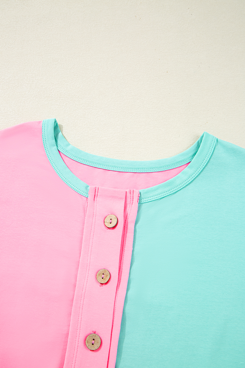 Plus Size Mint Green Colorblock Patchwork Short Sleeve Buttons  Henley Top