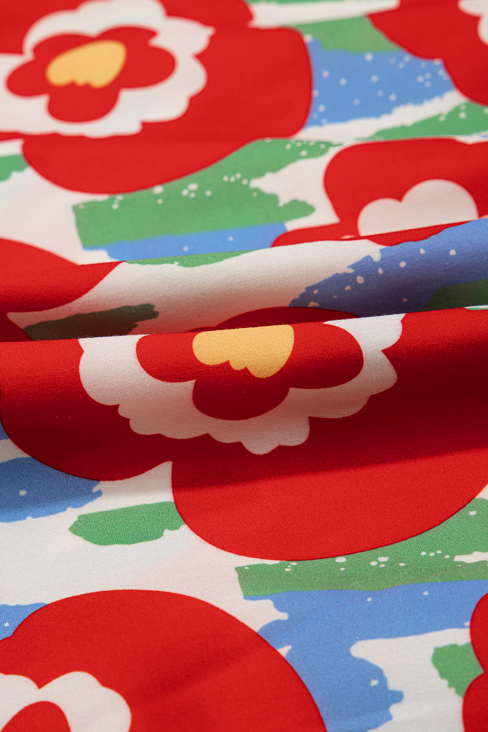 Plus Size Red  Floral Print Ruffle Trim Split Neck Peplum Top