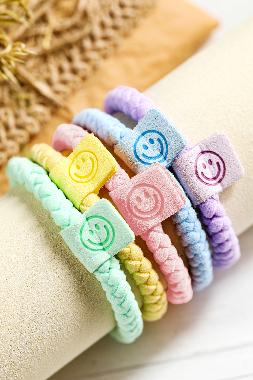 Pink 5Pcs Smile Face Tab Braided Hair Tie Set