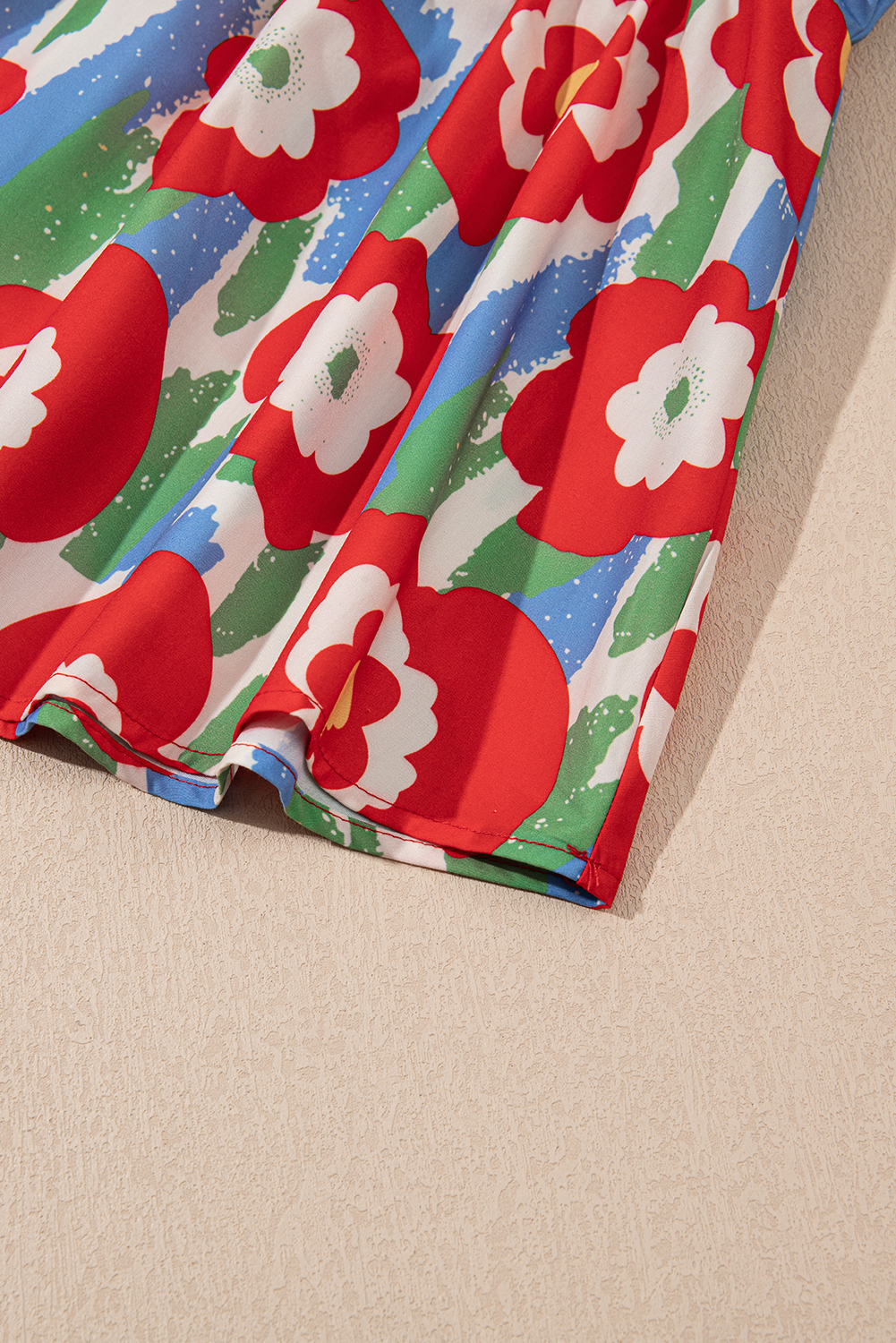 Plus Size Red  Floral Print Ruffle Trim Split Neck Peplum Top