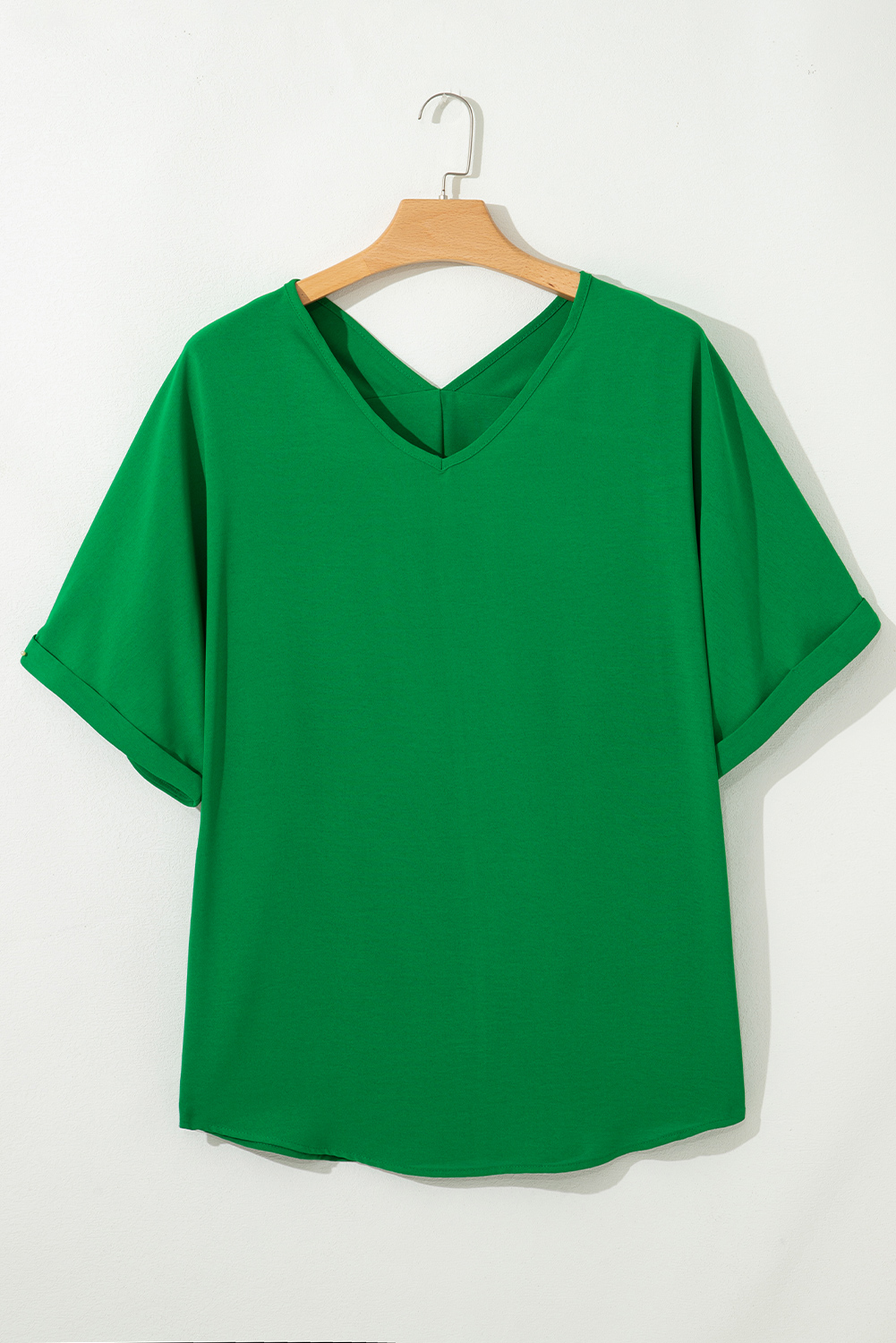 Plus Size Green Seamed Back High Low Hem V Neck Cuffed Sleeve  Tee