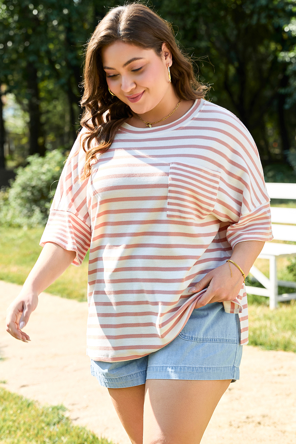 Plus Size Pink Stripe Waffle Knit Pocketed Half Sleeve  T Shirt