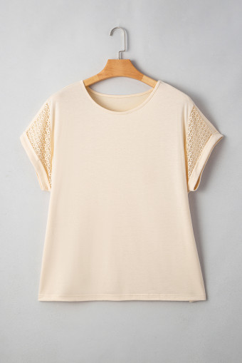 Plus Size Parchment Lace Patchwork Short Sleeve Round Neck  Summer Top
