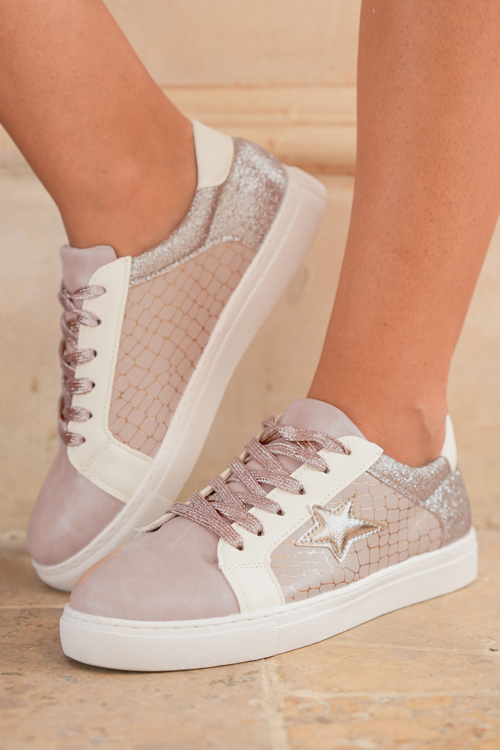 Dearlove Gold Glitter Star Patchwork PU Leather Lace-up Sneakers