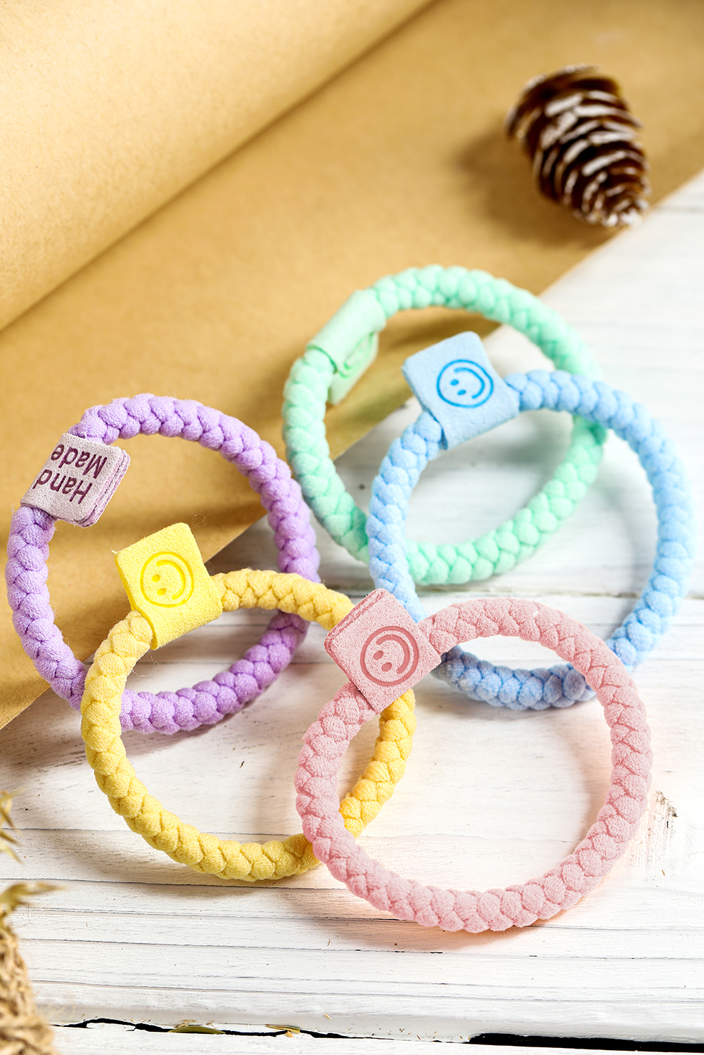 Pink 5Pcs Smile Face Tab Braided Hair Tie Set