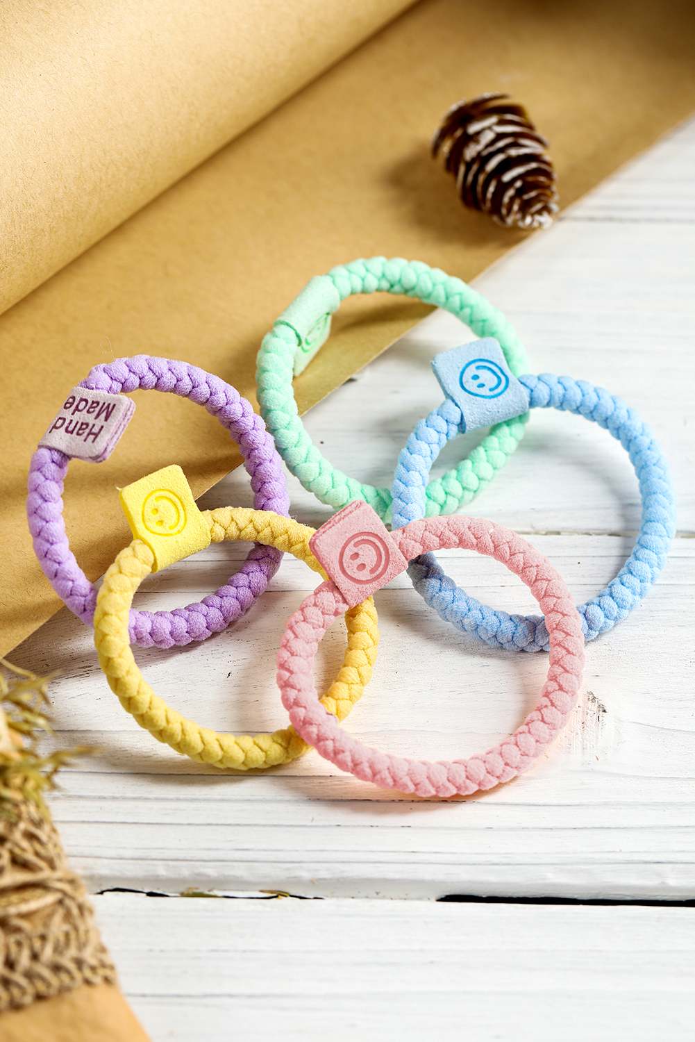 Pink 5Pcs Smile Face Tab Braided Hair Tie Set