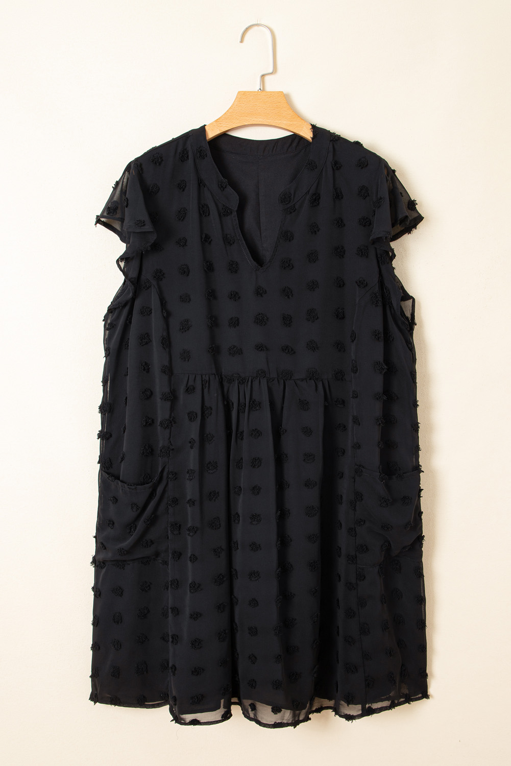 Black Dotty Textured Notched Neck Plus Ruffled Dress