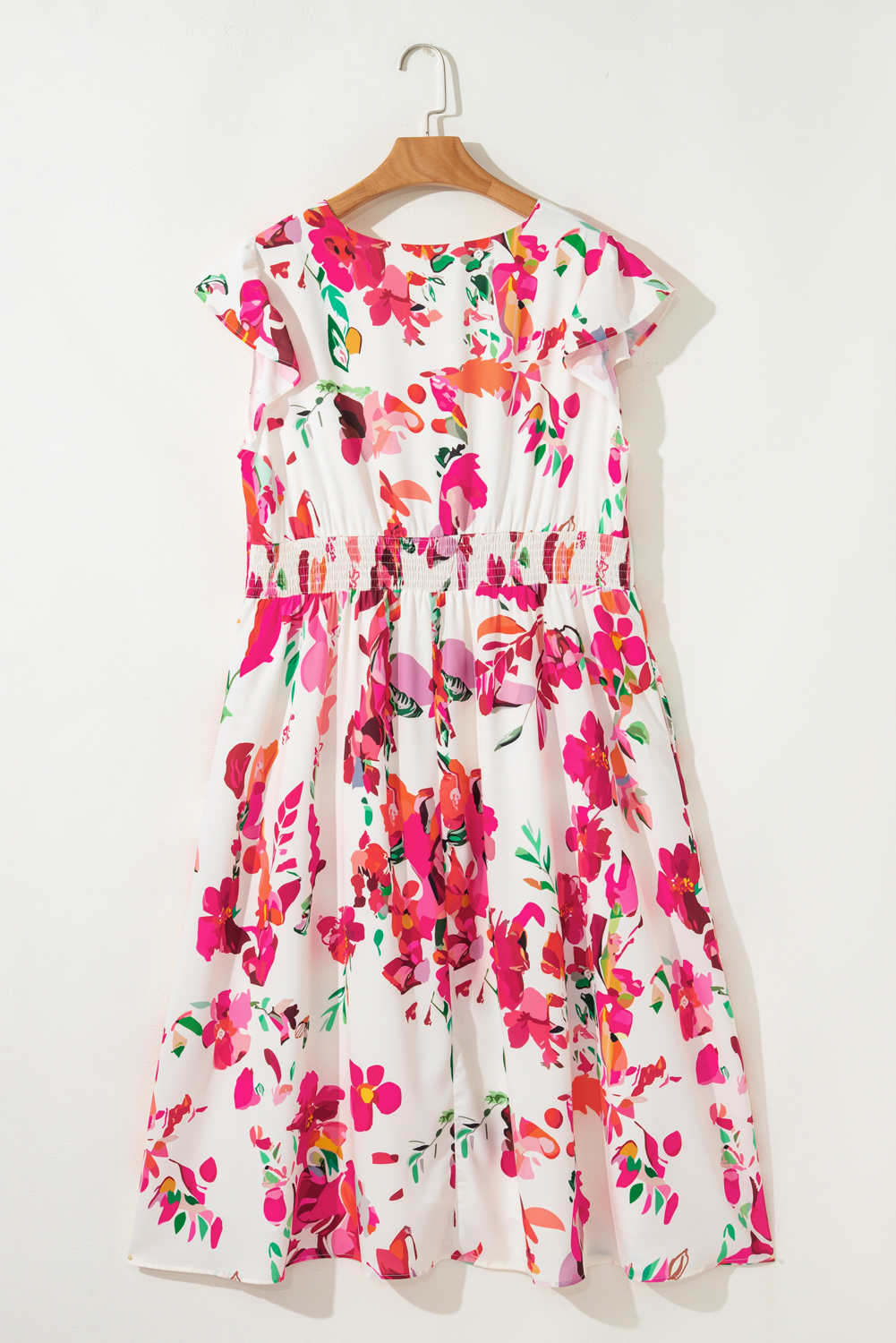 Plus Size Pink Floral Print V Neck Ruffle Sleeve  Midi Dress