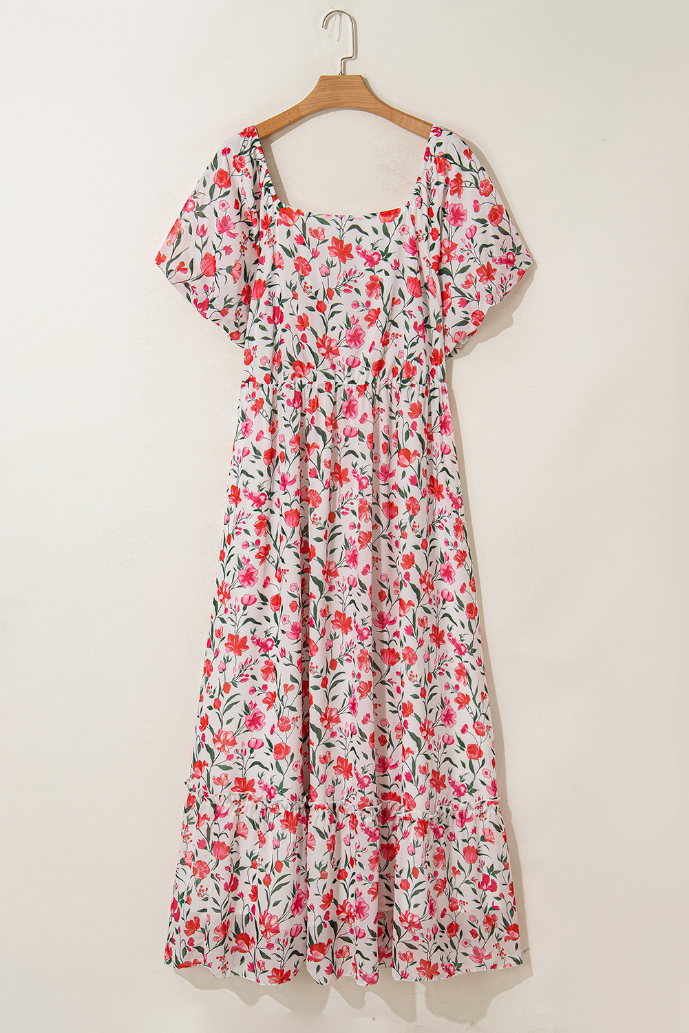 Plus Size Pink  Floral Square Neck Puff Sleeve Ruffle Maxi Dress