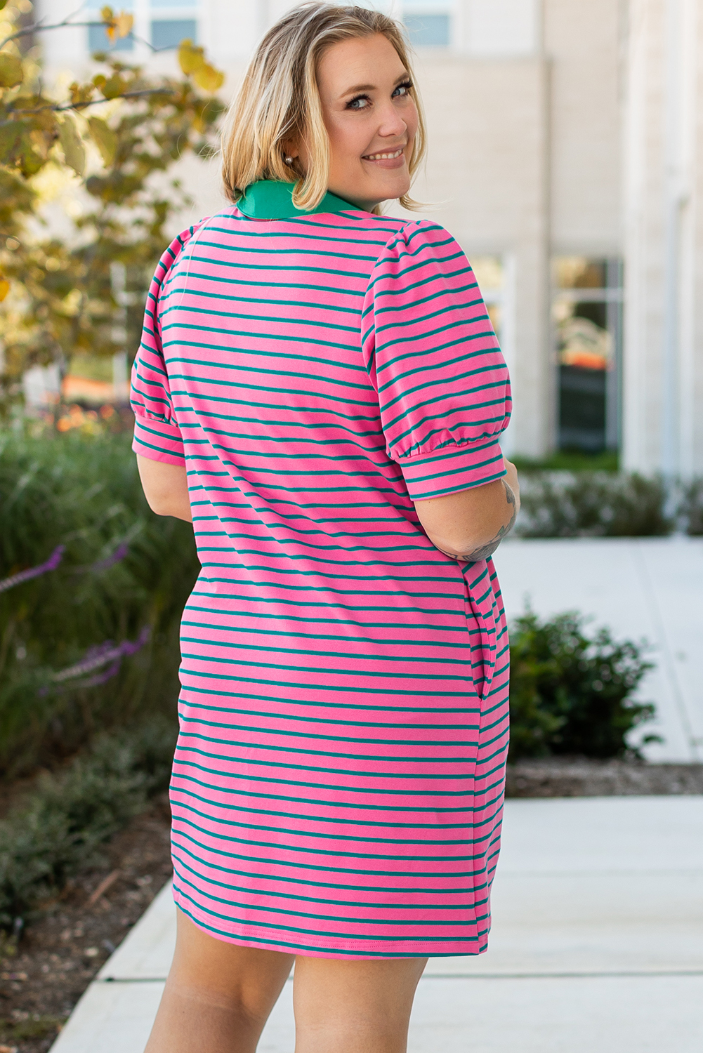 Rose Stripe Collared V Neck Puff Sleeve Shift T Shirt Dress with Pockets