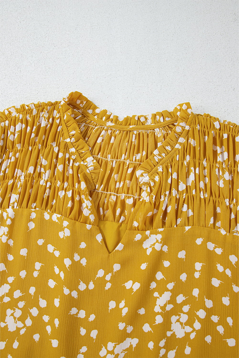 Plus Size Yellow  Floral Print Ruched Split Neck Blouse