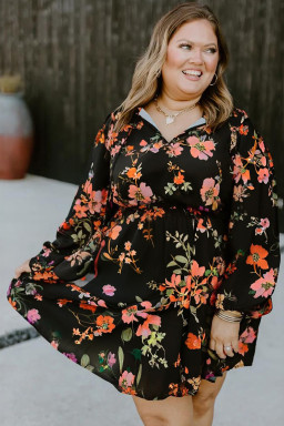 Plus Size Black  Floral Print Tie Neck Cinched Waist Long Sleeve Mini Dress