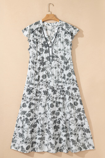 Plus Size Black Floral Print Piping Trim Notched Neck Ruffle Sleeve  Long Dress