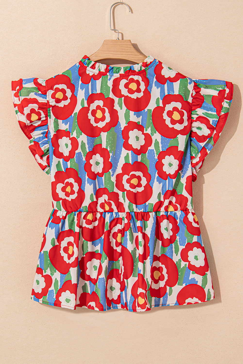 Plus Size Red  Floral Print Ruffle Trim Split Neck Peplum Top