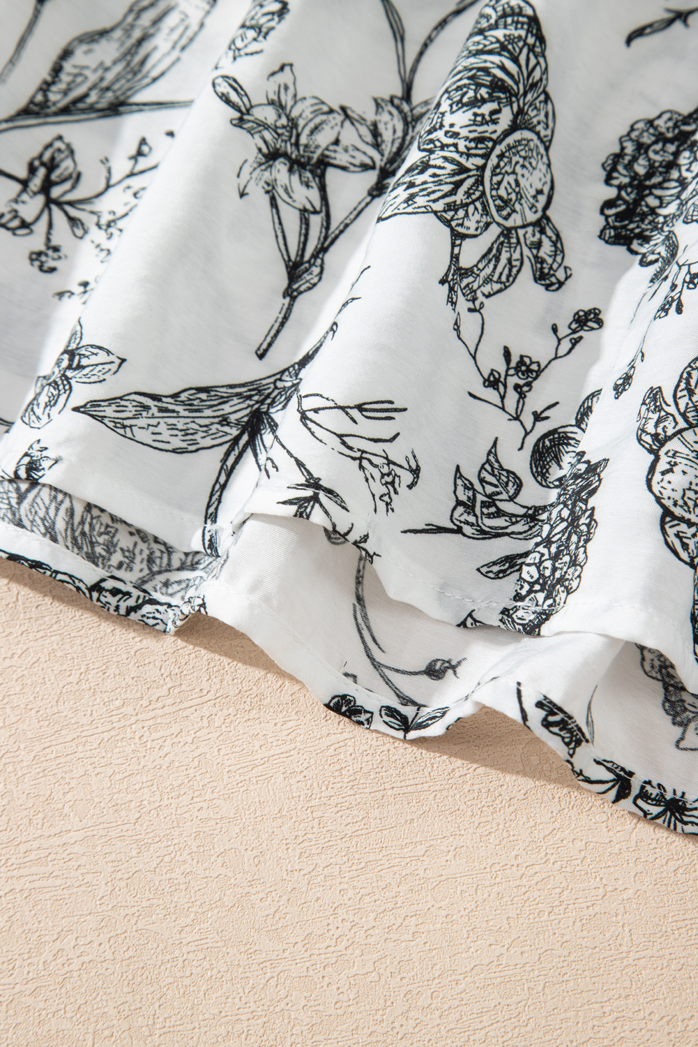 Plus Size Black Floral Print Piping Trim Notched Neck Ruffle Sleeve  Long Dress