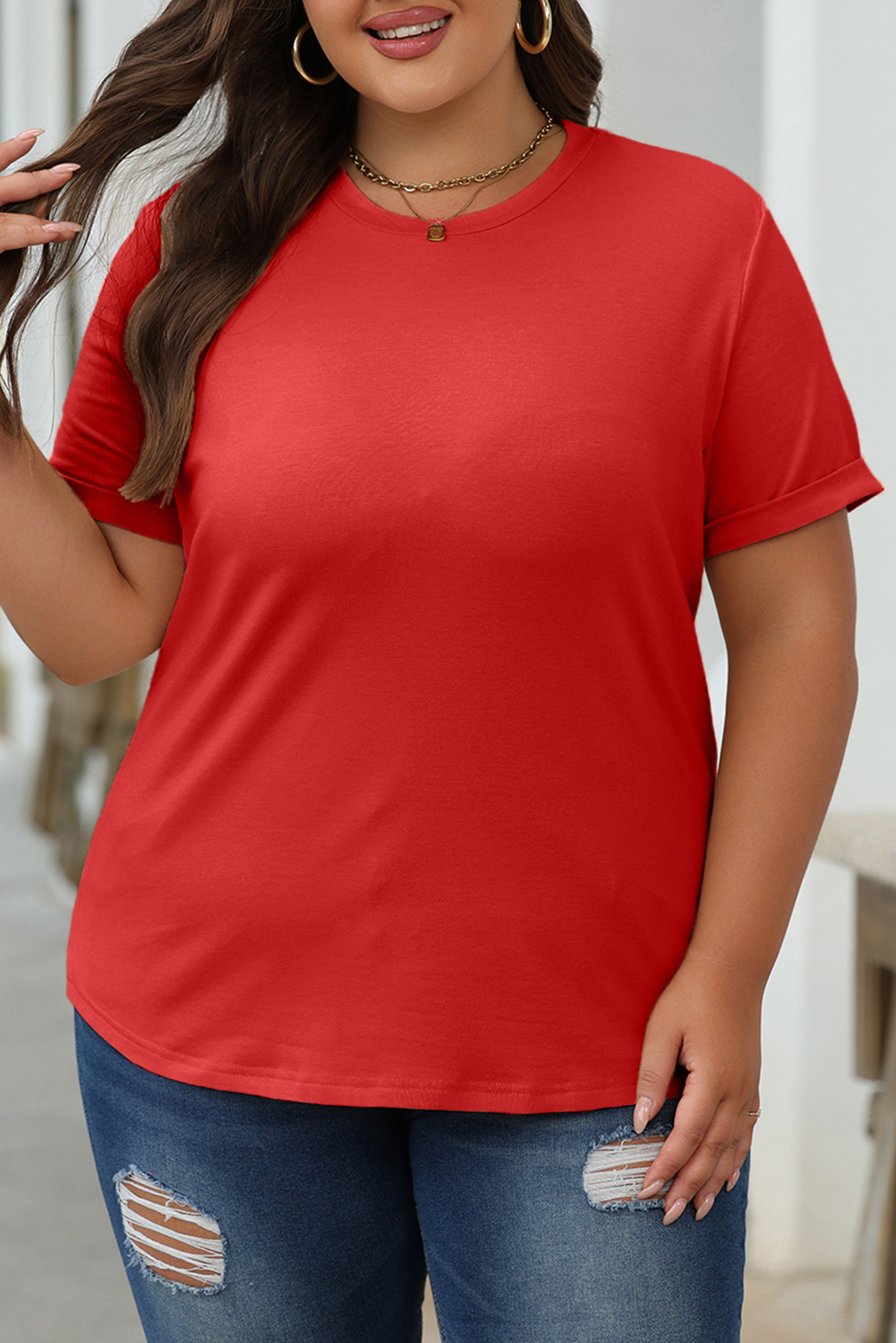 Dearlove Red Casual Plain Crew Neck Tee