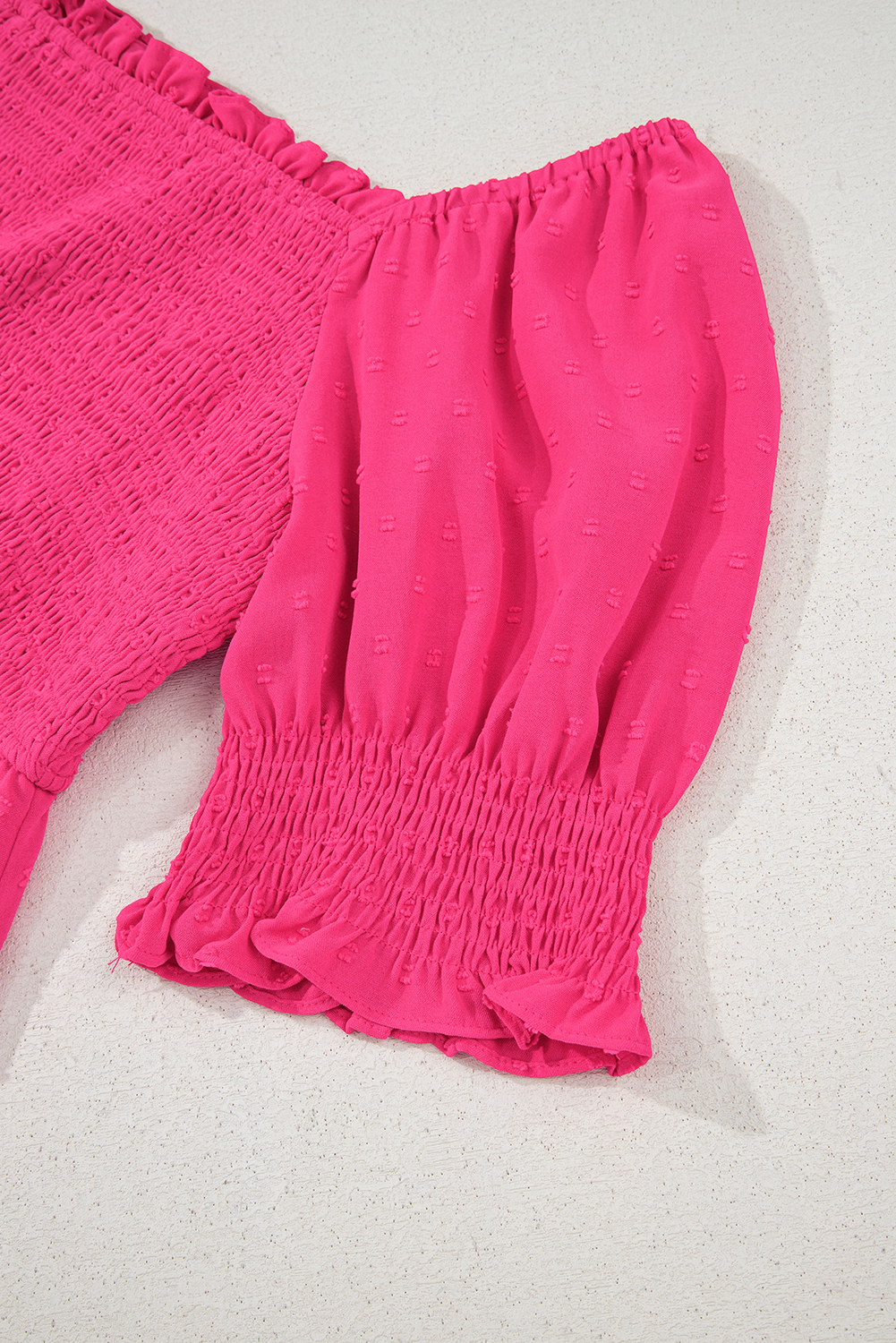 Plus Size Sachet Pink Swiss Dot Smocked Frilled Neckline Short Sleeve  Dress