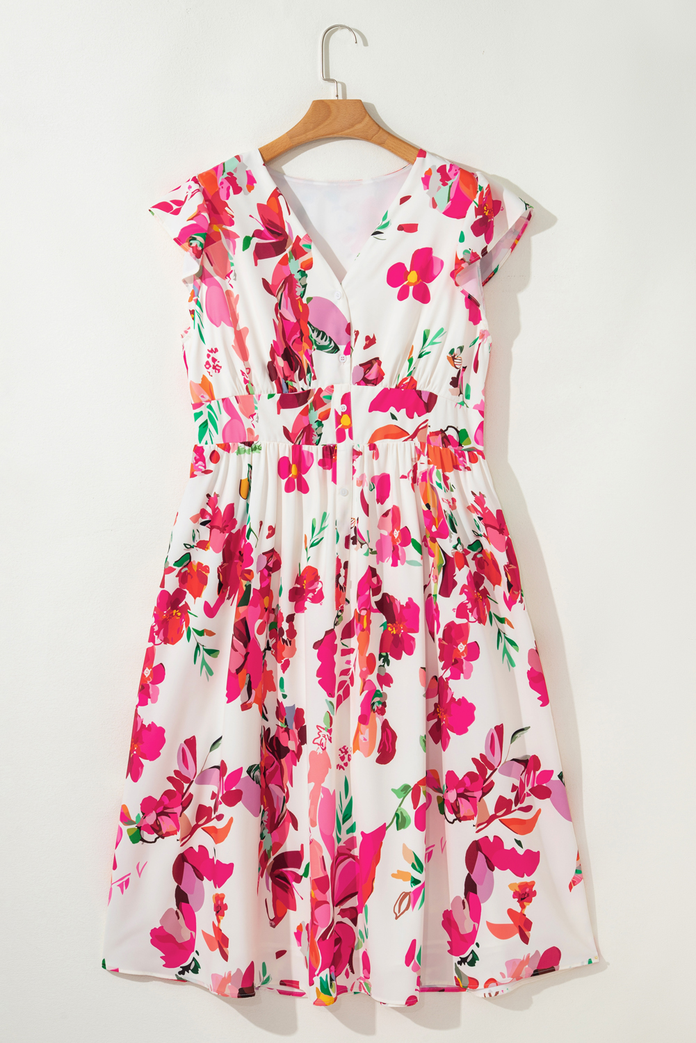 Plus Size Pink Floral Print V Neck Ruffle Sleeve  Midi Dress