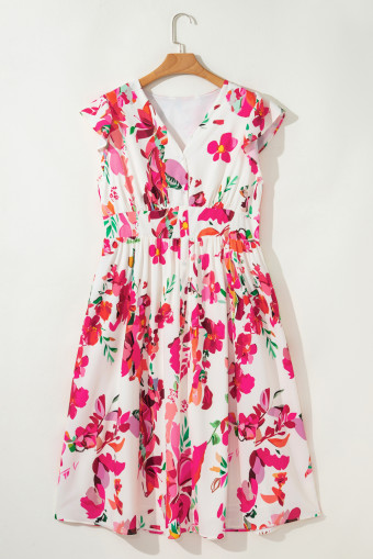 Plus Size Pink Floral Print V Neck Ruffle Sleeve  Midi Dress