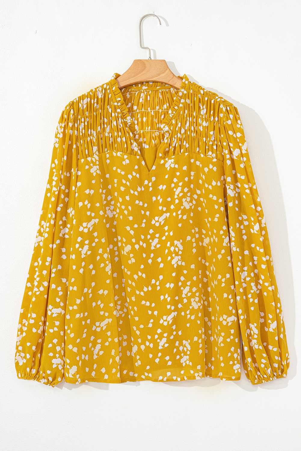 Plus Size Yellow  Floral Print Ruched Split Neck Blouse