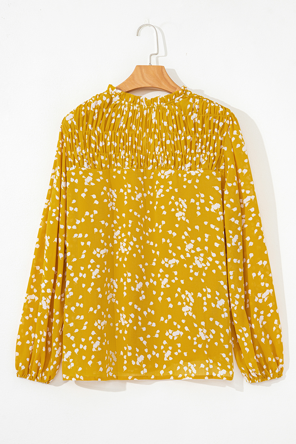 Plus Size Yellow  Floral Print Ruched Split Neck Blouse