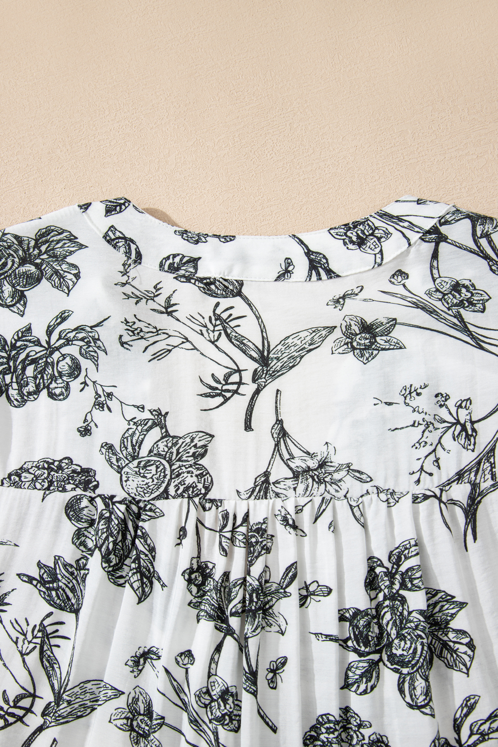 Plus Size Black Floral Print Piping Trim Notched Neck Ruffle Sleeve  Long Dress