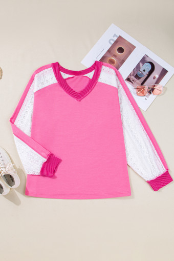 Plus Size Bonbon Lace Striped Patchwork Long Sleeve Corded V Neck  Top