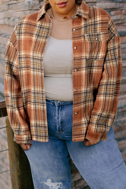 Plus Size Brown Plaid Print Flap Pocket Buttoned  Shacket