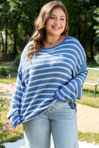 Plus Size Sky Blue Stripe Drop Shoulder O Neck  Sweater
