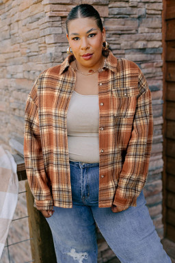 Plus Size Brown Plaid Print Flap Pocket Buttoned  Shacket