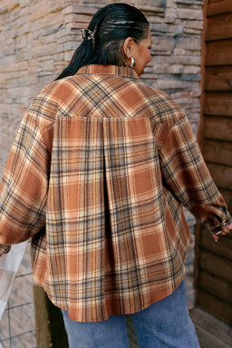 Plus Size Brown Plaid Print Flap Pocket Buttoned  Shacket