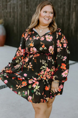 Plus Size Black  Floral Print Tie Neck Cinched Waist Long Sleeve Mini Dress