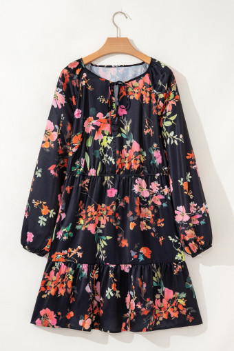 Plus Size Black  Floral Print Tie Neck Cinched Waist Long Sleeve Mini Dress
