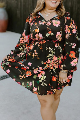 Plus Size Black  Floral Print Tie Neck Cinched Waist Long Sleeve Mini Dress