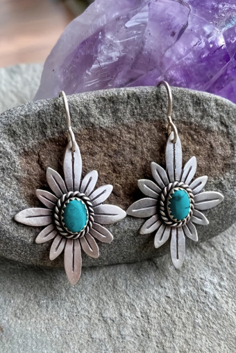 Silvery Western Turquoise Flower Shape Hook Earrings